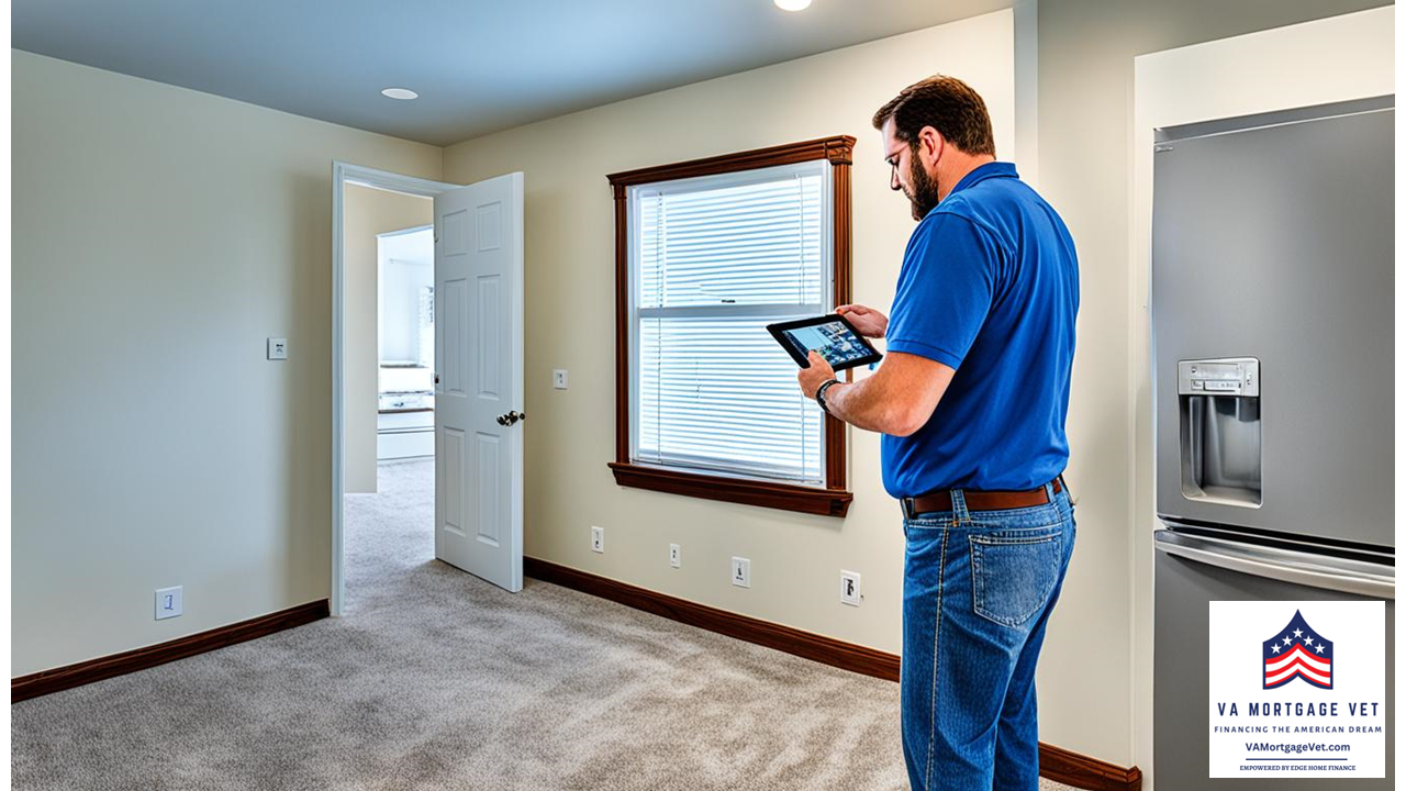 an image of a VA appraisal process by depicting a home interior with a VA appraiser inspecting every detail. Show the appraiser measuring the rooms, checking the appliances, inspecting the plumbing, electrical and heating systems, as well as the structure of the house. Show the appraiser taking pictures and notes, making sure every aspect of the property is evaluated. Add visual elements that highlight the importance and thoroughness of the VA appraisal process, such as a badge or logo representing the VA. Use warm colors to convey a sense of trustworthiness and professionalism.