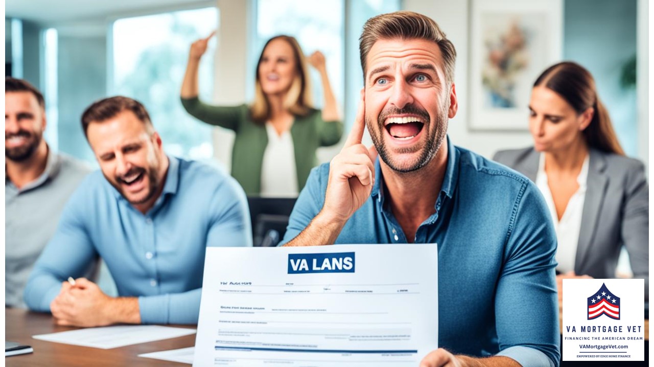 An image of a seller shaking their head and pointing to a sign that reads "No VA Loans" with disappointed VA buyers looking on. In the background, a traditional buyer is signing paperwork with a smile on their face.