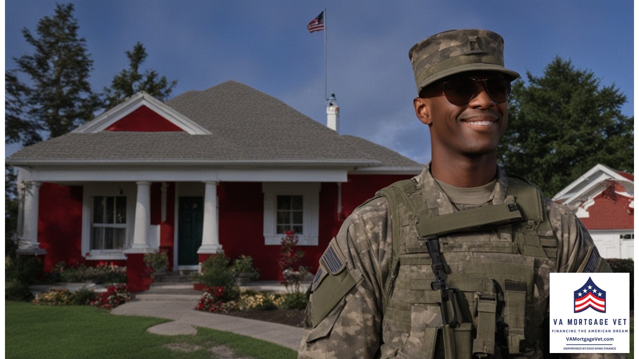 A soldier holding a set of keys and standing in front of a house with a red roof. The soldier has a smile on his face, and the house looks welcoming and well-maintained. In the background, an American flag is waving in the wind.