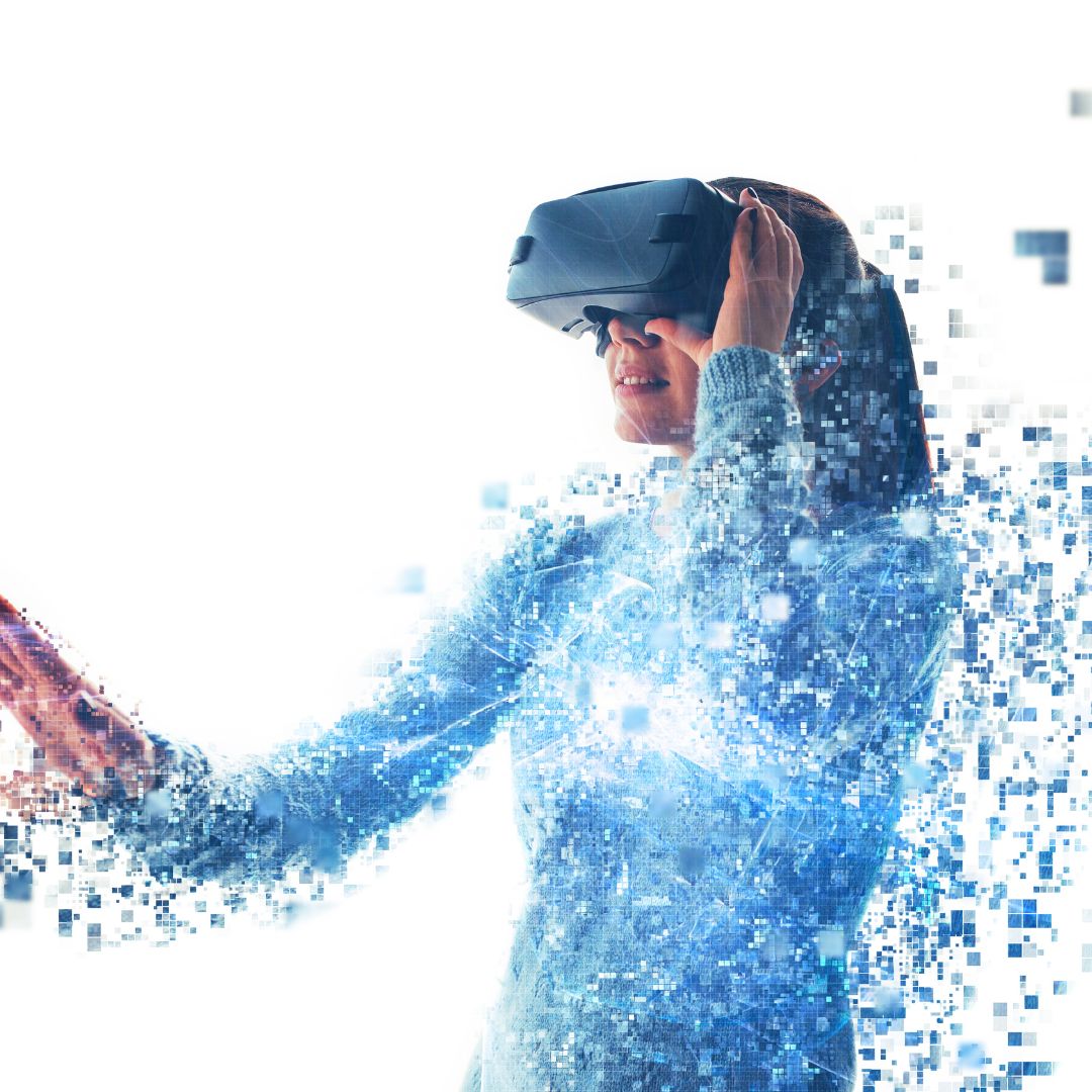 Futuristic vision of AI grief support with virtual reality and voice tech in 2026.