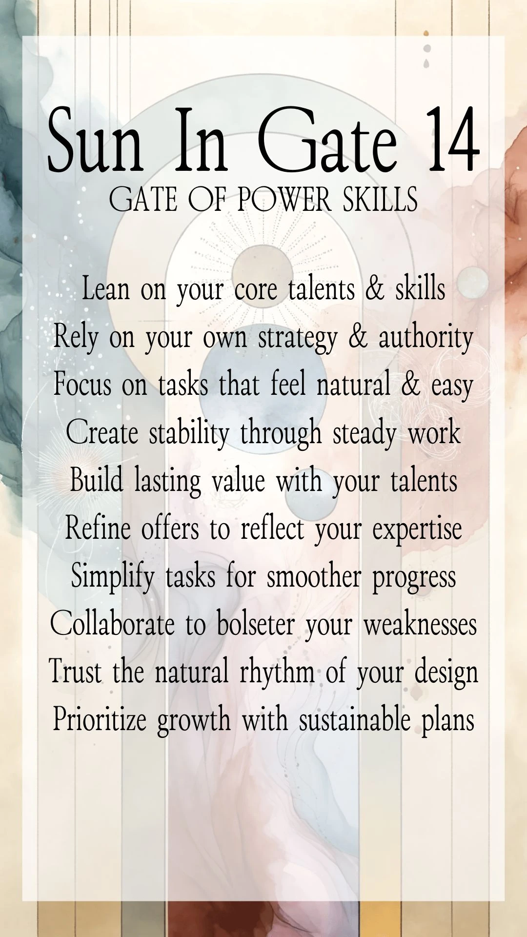 Text Graphic about Gate 14 Power Skills in Human Design, focusing on actions for online entrepreneurs and business growth Text Graphic about Gate 14 Power Skills in Human Design, focusing on actions for online entrepreneurs and business growth