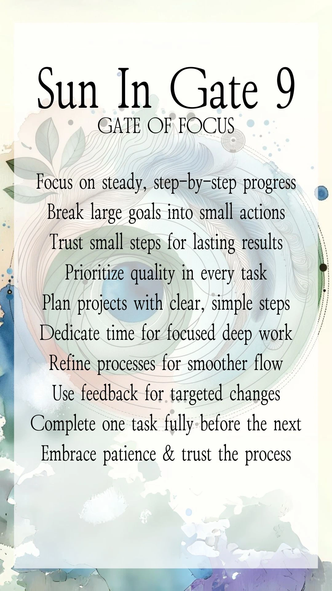 Text Graphic about Gate 9 Focus in Human Design, focusing on actions for online entrepreneurs and business growth Text Graphic about Gate 9 Focus in Human Design, focusing on actions for online entrepreneurs and business growth