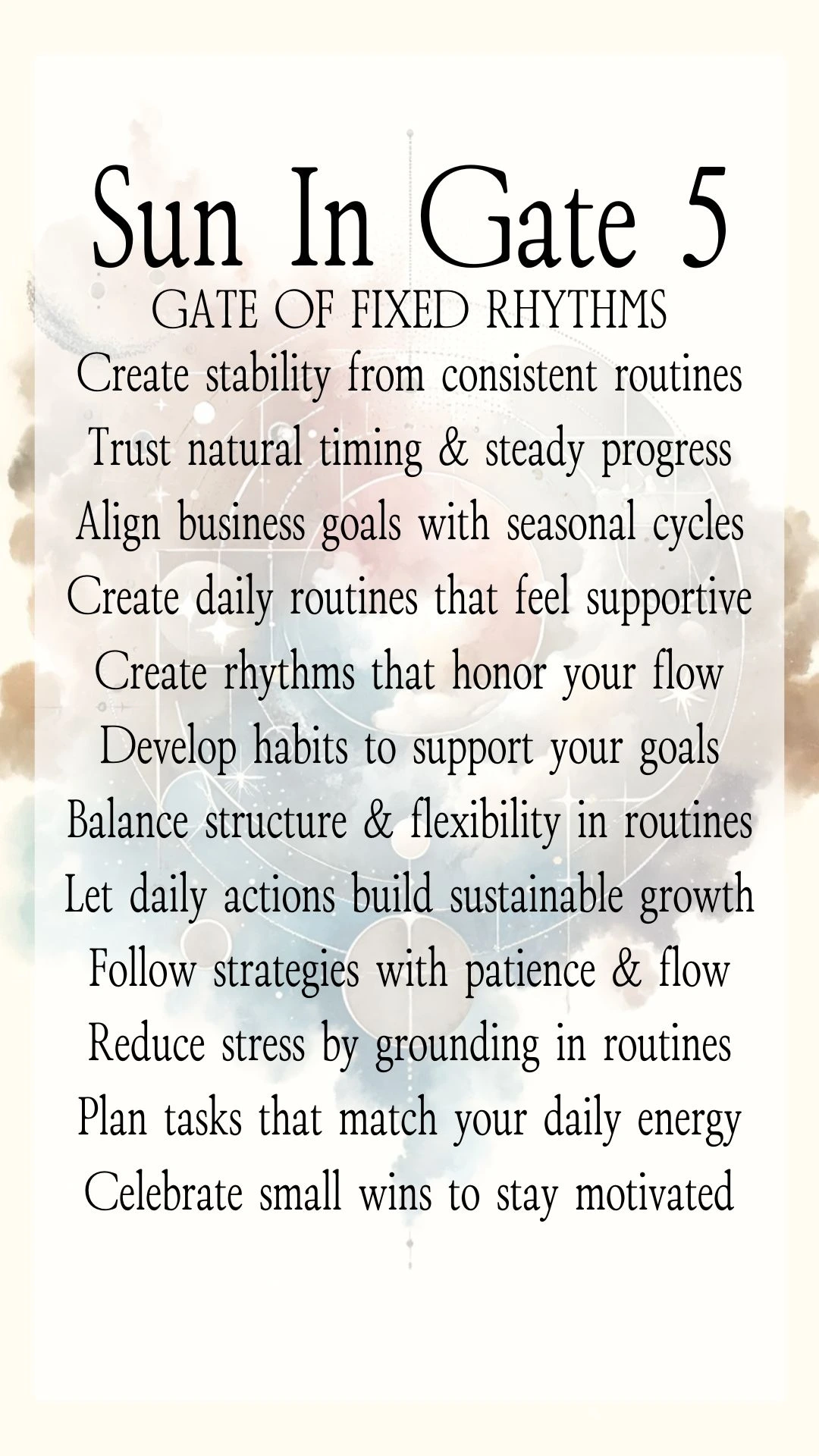 Text Graphic about Gate 5 Fixed Rhythms in Human Design, focusing on actions for online entrepreneurs and business growth Text Graphic about Gate 5 Fixed Rhythms in Human Design, focusing on actions for online entrepreneurs and business growth