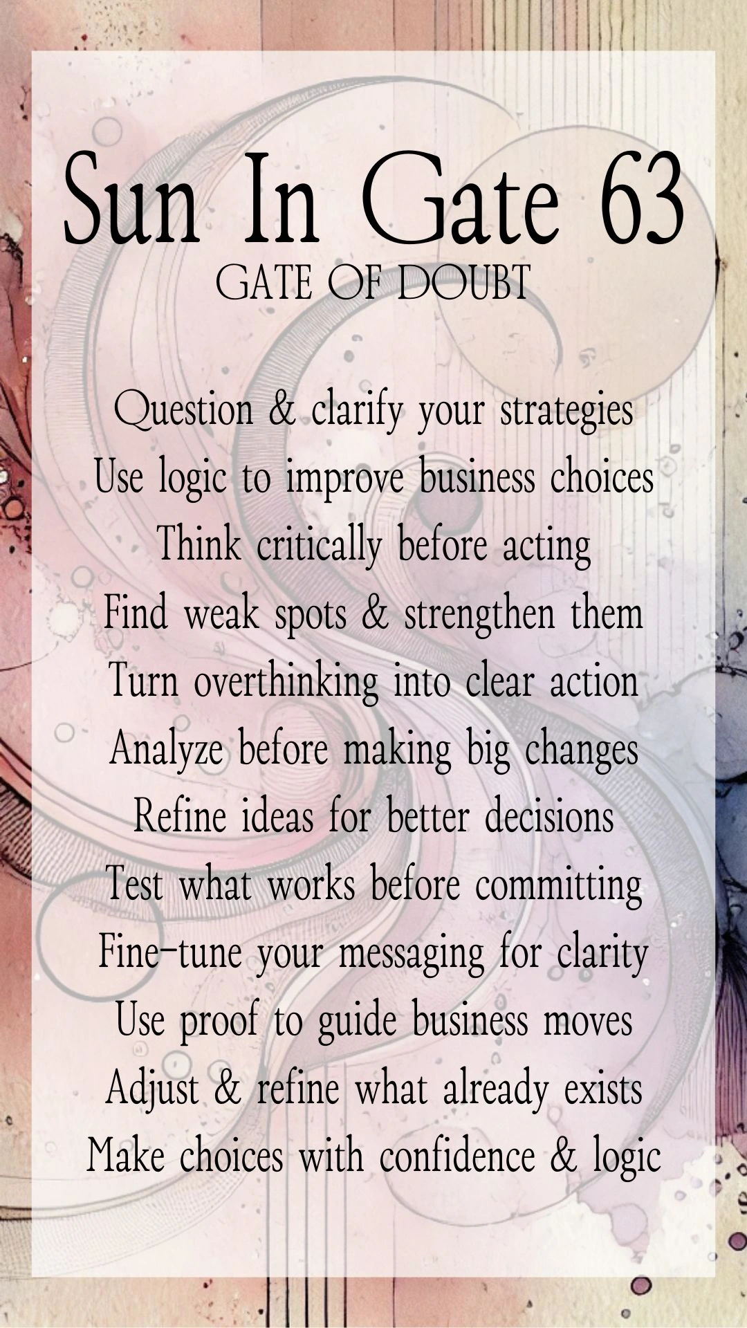 Text Graphic about Gate 63 Doubt in Human Design, focusing on actions for online entrepreneurs and business growth Text Graphic about Gate 63 Doubt in Human Design, focusing on actions for online entrepreneurs and business growth