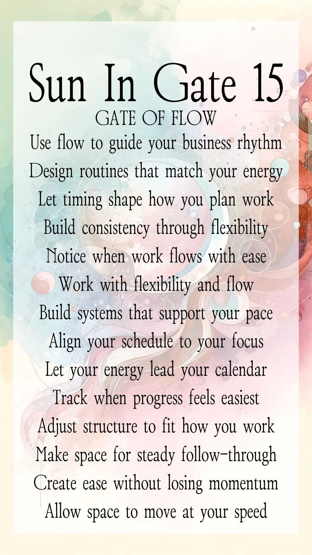 Text Graphic about Gate 15 Flow in Human Design, focusing on actions for online entrepreneurs and business growth