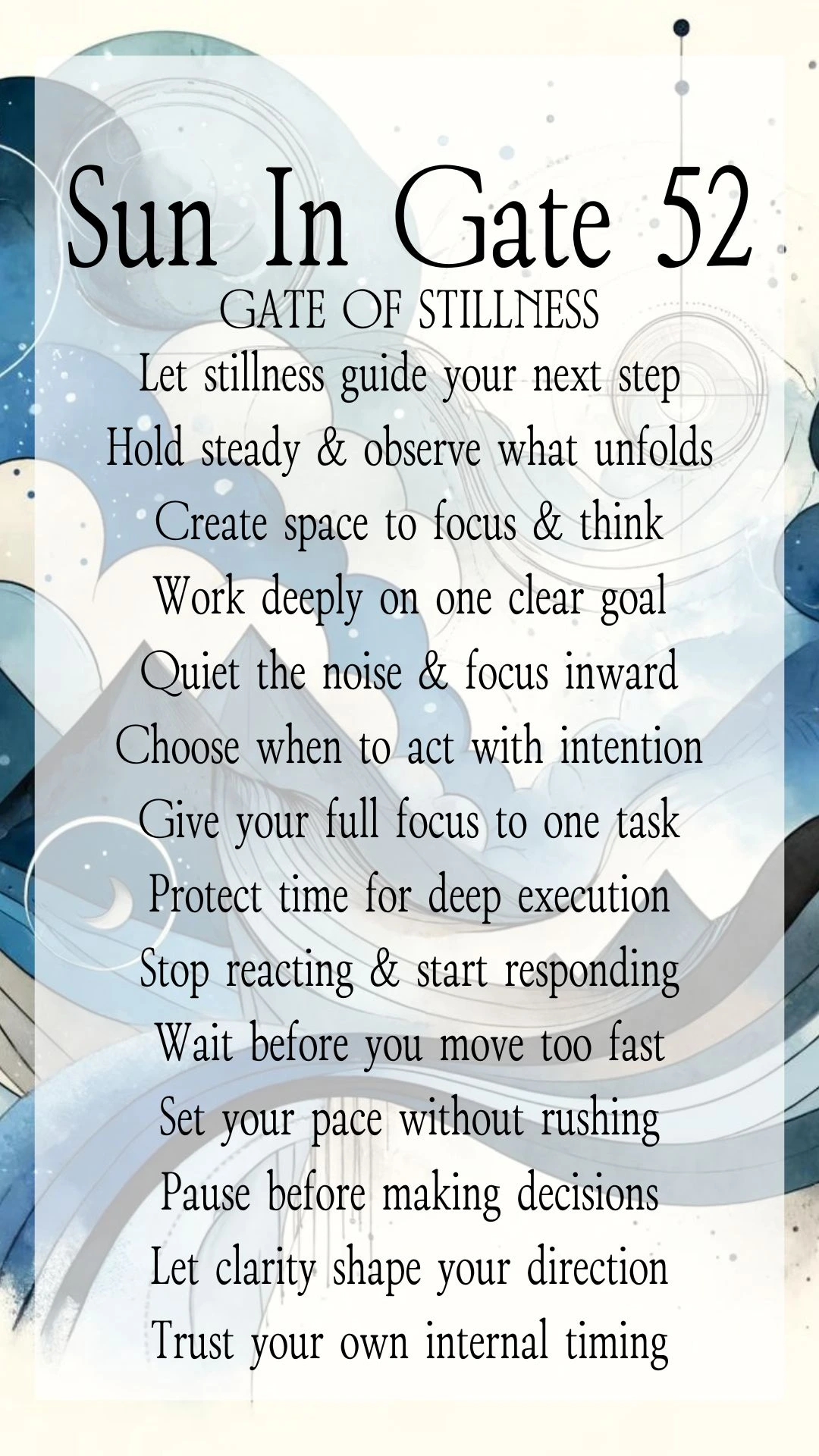 Text Graphic about Gate 52 stillness in Human Design, focusing on actions for online entrepreneurs and business growth Text Graphic about Gate 52 stillness in Human Design, focusing on actions for online entrepreneurs and business growth