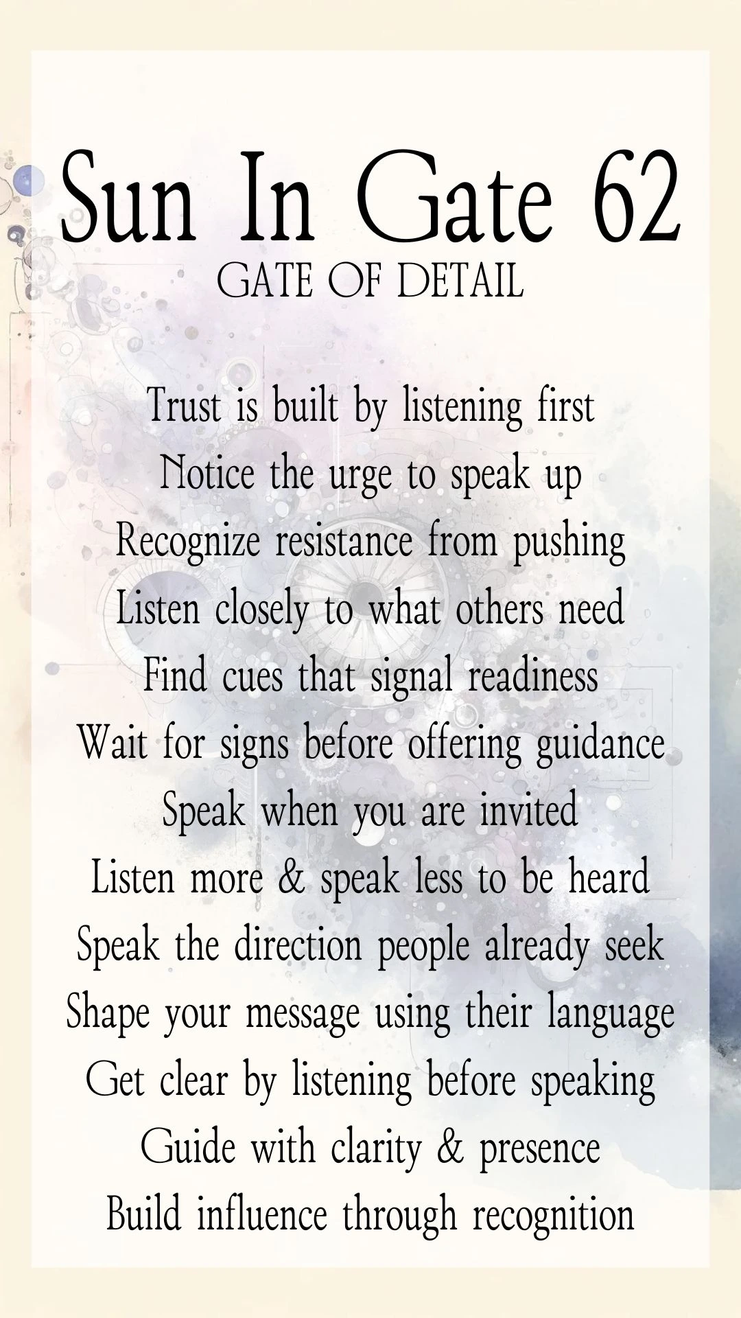 Text Graphic about Gate 62 Detail in Human Design, focusing on actions for online entrepreneurs and business growth Text Graphic about Gate 62 Detail in Human Design, focusing on actions for online entrepreneurs and business growth