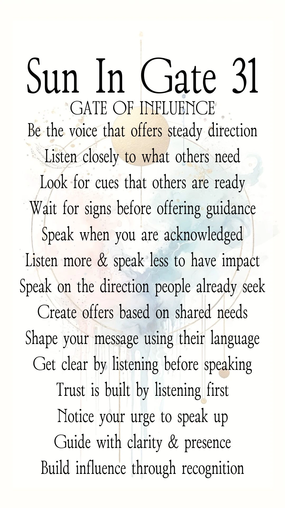 Text Graphic about Gate 31 Influence in Human Design, focusing on actions for online entrepreneurs and business growth Text Graphic about Gate 31 Influence in Human Design, focusing on actions for online entrepreneurs and business growth