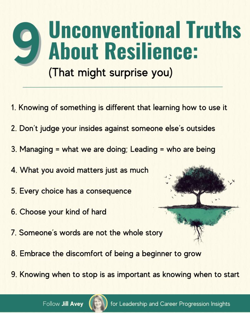 A poster titled "9 Unconventional Truths About Resilience" lists nine thought-provoking statements about resilience. An illustration shows a tree with roots extending below the surface, symbolizing inner strength.