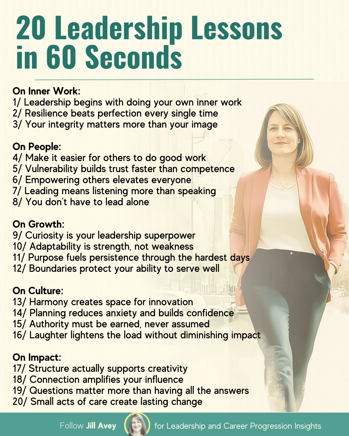 An infographic titled "20 Leadership Lessons in 60 Seconds." The graphic lists 20 leadership tips divided into five categories: On Inner Work, On People, On Growth, On Culture, and On Impact. A photograph of a professional woman in a business blazer is on the right side of the image, and the footer credits "Jill Avey" for leadership insights.