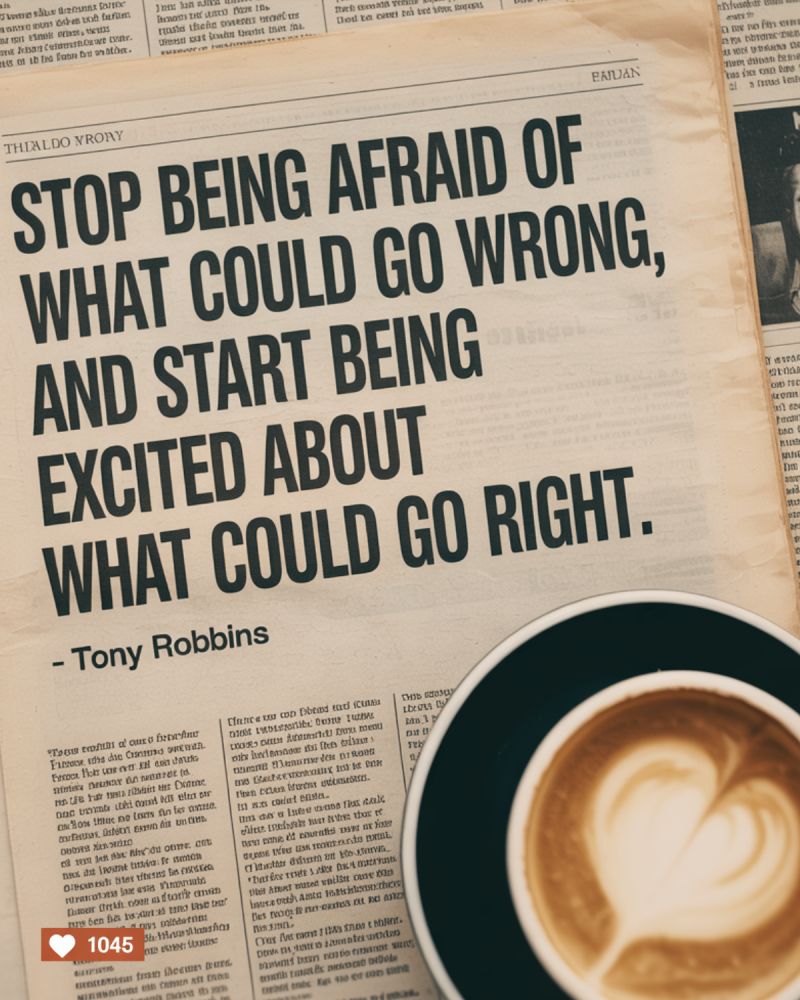 A close-up image of a motivational quote designed to look like a newspaper headline, with a coffee cup in the bottom right corner. The quote reads: "STOP BEING AFRAID OF WHAT COULD GO WRONG, AND START BEING EXCITED ABOUT WHAT COULD GO RIGHT." It is attributed to Tony Robbins.