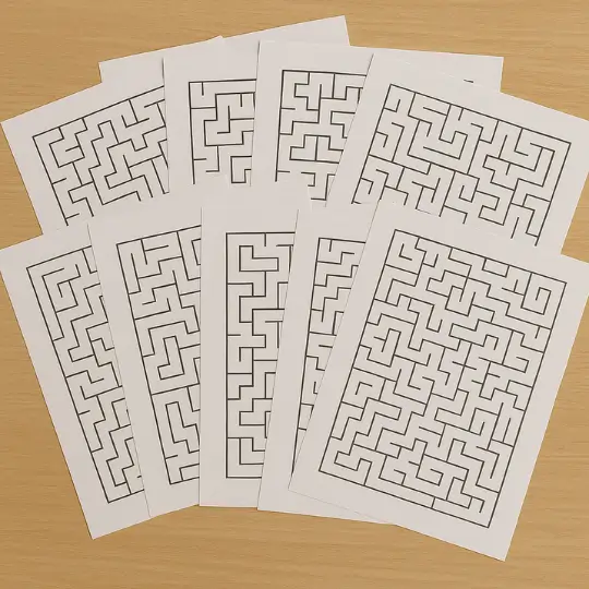 Multiple printable maze pages spread on a desk