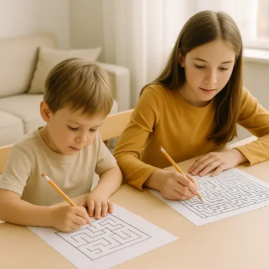 Two kids of different ages solving maze worksheets at home