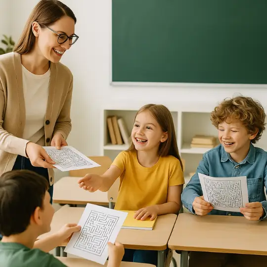 Teacher handing out maze worksheets in a bright classroom
