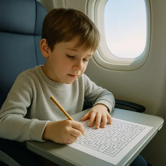 Child solving a maze worksheet on an airplane tray table