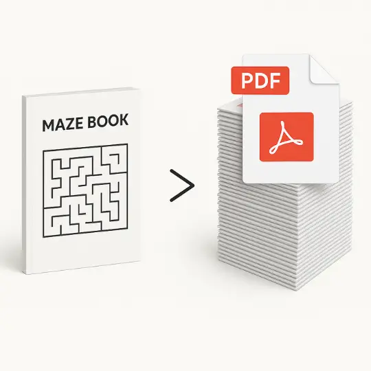 Single maze book compared to a huge stack of digital PDFs