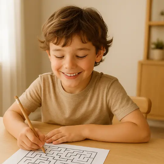 Child happily solving a maze worksheet at home