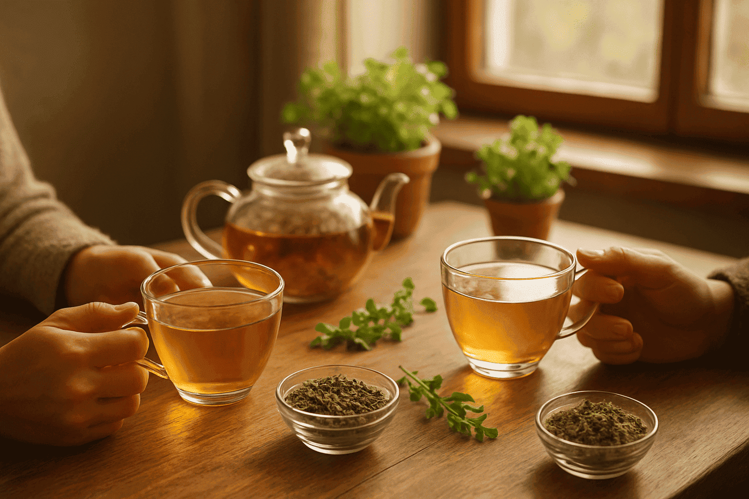 Two people holding glass cups of herbal tea on a wooden table with a teapot, fresh herbs, and bowls of loose-leaf tea.