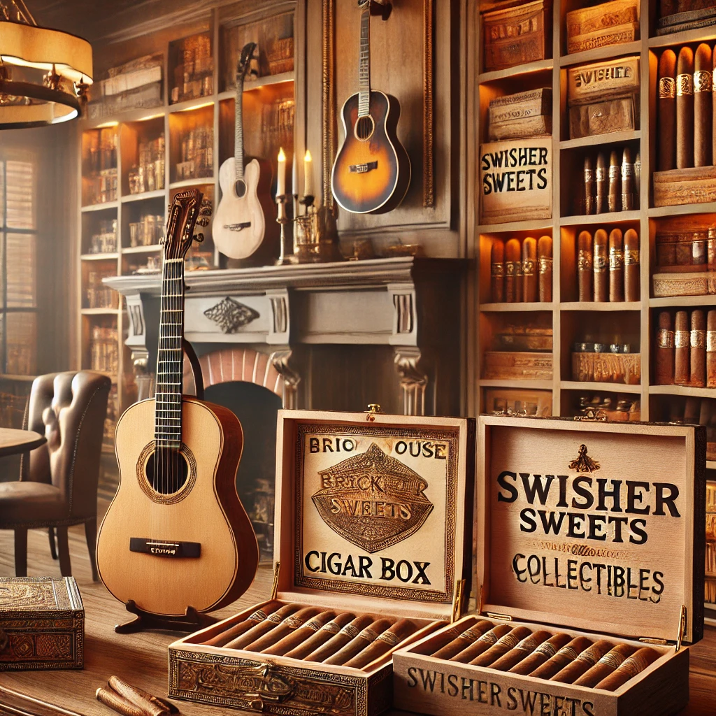 Unique cigar box guitar collectible displayed with premium cigar boxes and accessories