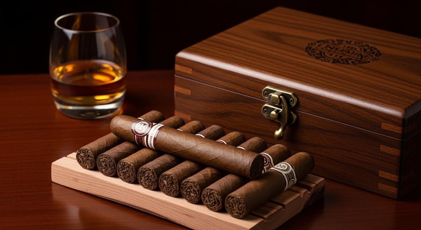 A beautifully arranged cigar gift set, perhaps with a nice drink in the background, exuding sophistication and warmth A beautifully arranged cigar gift set, perhaps with a nice drink in the background, exuding sophistication and warmth