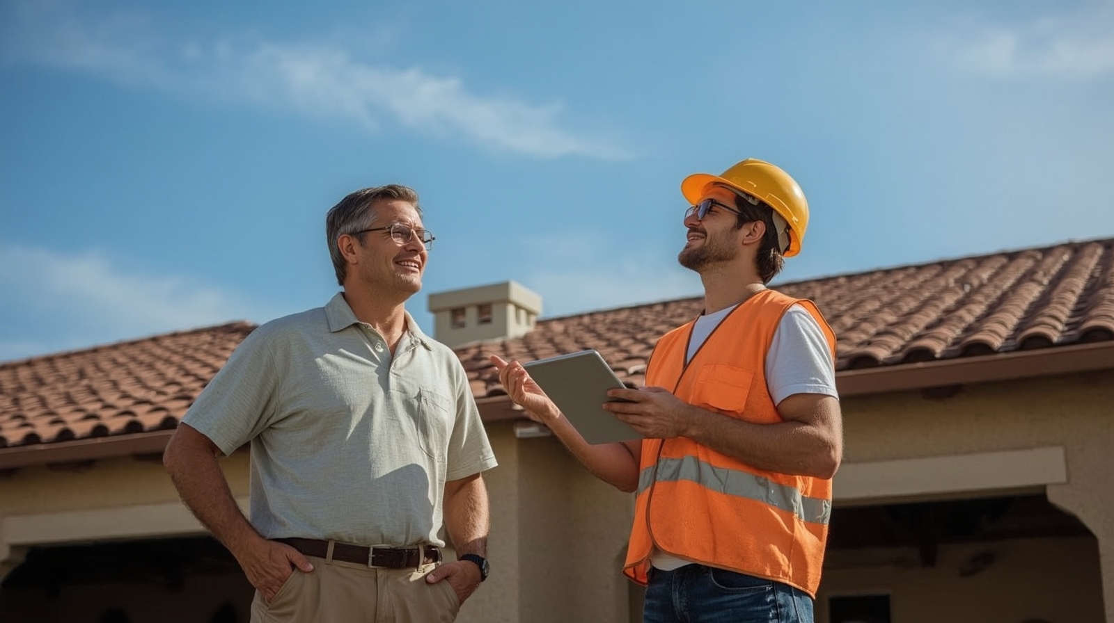 Homeowner and roofer discussing roofing project outside of Arizona home. Homeowner and roofer discussing roofing project outside of Arizona home.