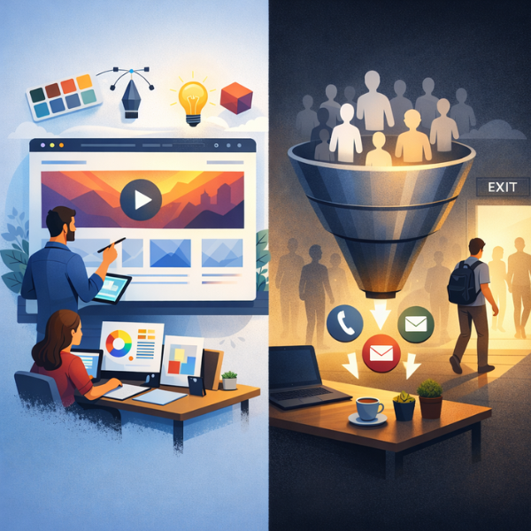 Illustration showing a modern website design process on one side and a marketing conversion funnel on the other, highlighting the difference between visual web design and lead generation strategy. Illustration showing a modern website design process on one side and a marketing conversion funnel on the other, highlighting the difference between visual web design and lead generation strategy.