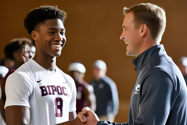 A high school athlete shaking hands with a college coach in a respectful, behind-the-scenes moment, symbolizing the importance of relationship-building in college recruiting during the NIL era. A high school athlete shaking hands with a college coach in a respectful, behind-the-scenes moment, symbolizing the importance of relationship-building in college recruiting during the NIL era.