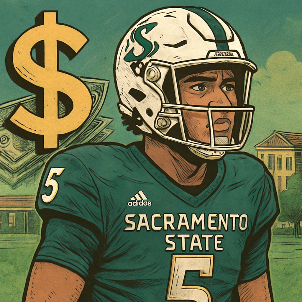 Digital illustration of a college football player wearing a Sacramento State Hornets uniform, with the number 5, set against a teal background featuring a large dollar sign and hints of a campus scene. The image evokes themes of ambition, NIL deals, and the pressures faced by student-athletes. Digital illustration of a college football player wearing a Sacramento State Hornets uniform, with the number 5, set against a teal background featuring a large dollar sign and hints of a campus scene. The image evokes themes of ambition, NIL deals, and the pressures faced by student-athletes.