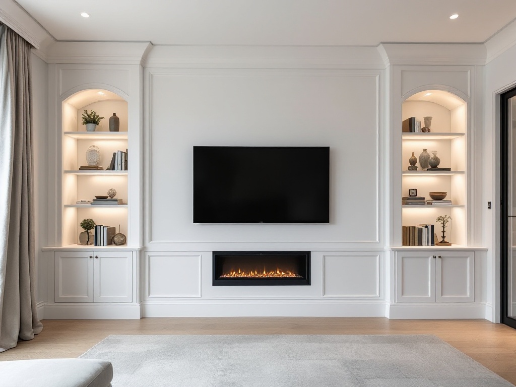 Custom built media wall featuring a central TV mount with symmetrical alcoves on both sides. Sprayed white finish with integrated LED lighting in the alcoves. Modern electric fireplace below the TV. Minimalist design, installed in York Custom built media wall featuring a central TV mount with symmetrical alcoves on both sides. Sprayed white finish with integrated LED lighting in the alcoves. Modern electric fireplace below the TV. Minimalist design, installed in York
