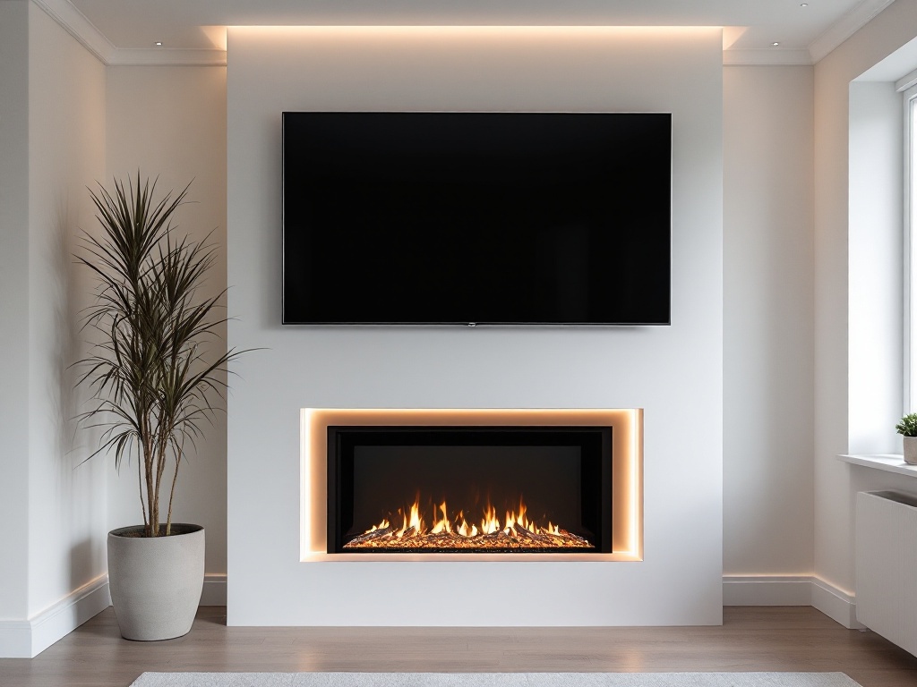Minimalist white media wall with mounted TV and electric fireplace, featuring LED accent lighting in Leeds Minimalist white media wall with mounted TV and electric fireplace, featuring LED accent lighting in Leeds