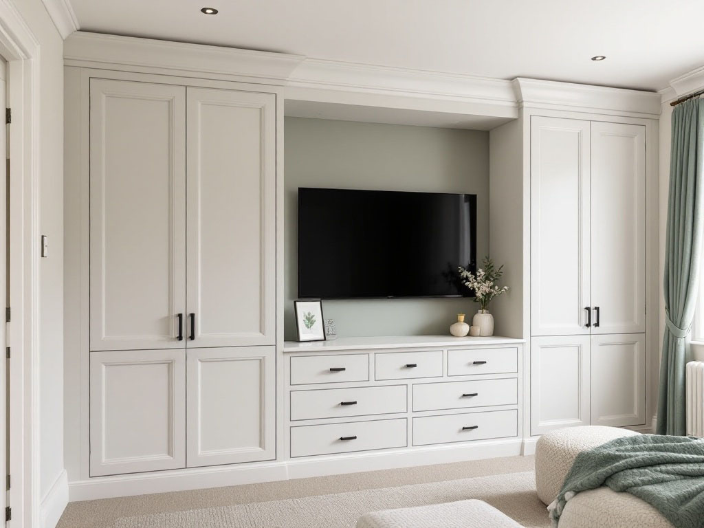 Spring inspired fitted bedroom wardrobe with fresh light grey finish and media wall, perfect for seasonal refresh Spring inspired fitted bedroom wardrobe with fresh light grey finish and media wall, perfect for seasonal refresh