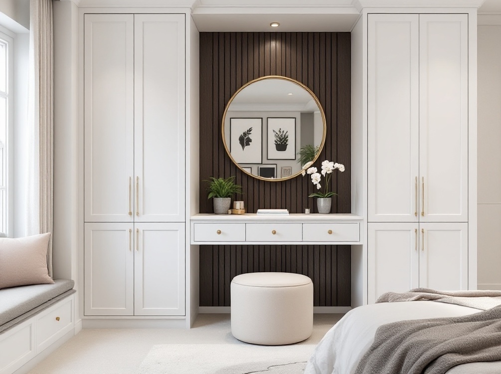 Leeds bespoke fitted bedroom vanity with dark wood slat feature wall, built-in wardrobes and window seating Leeds bespoke fitted bedroom vanity with dark wood slat feature wall, built-in wardrobes and window seating