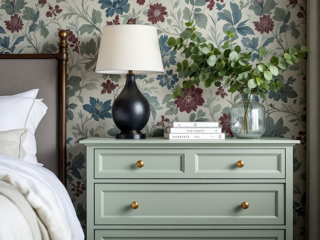 Sage green fitted chest of drawers with brass handles against floral wallpaper, styled with black lamp Sage green fitted chest of drawers with brass handles against floral wallpaper, styled with black lamp