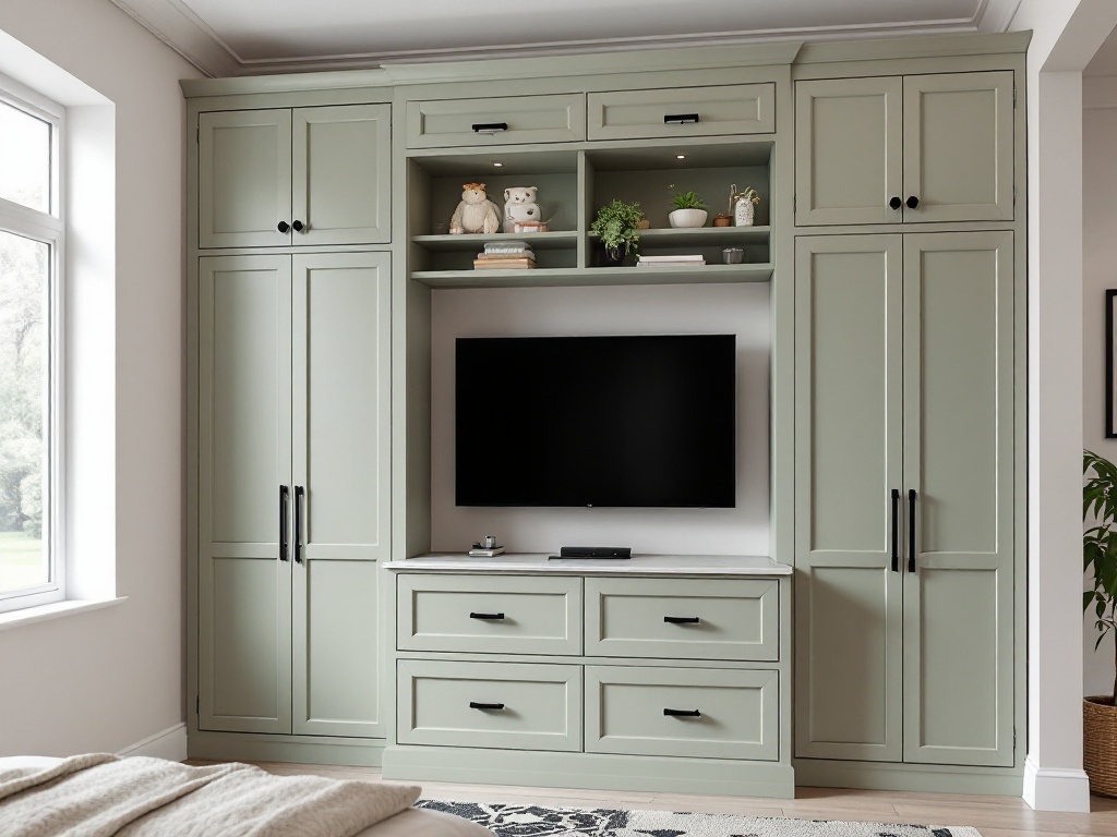 Sage green fitted wardrobes with integrated TV display and shelving in Yorkshire family home Sage green fitted wardrobes with integrated TV display and shelving in Yorkshire family home
