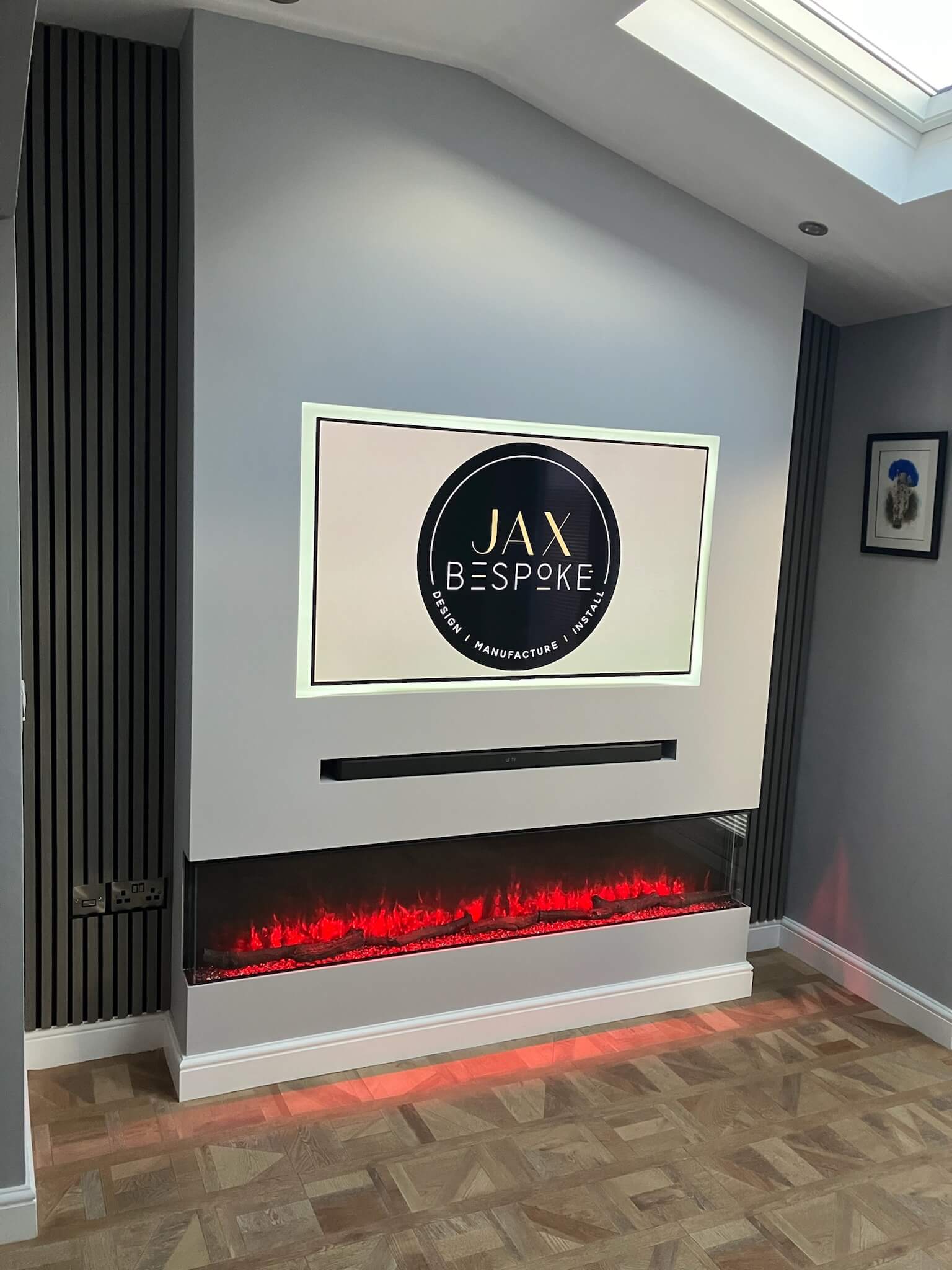 Leeds Plastered faux imitation chimney breast custom media wall by JAX Bespoke featuring electric glass front fireplace Leeds Plastered faux imitation chimney breast custom media wall by JAX Bespoke featuring electric glass front fireplace