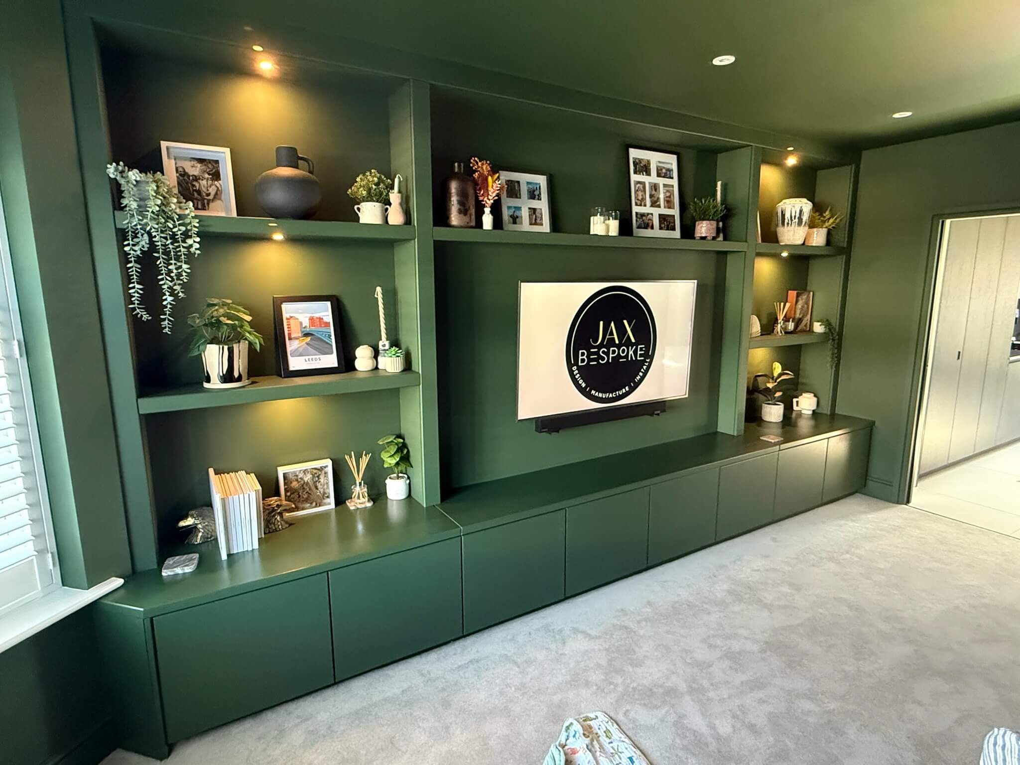MDF Media Wall sprayed in Farrow & Ball - clutter free TV Unit for an organised home in Leeds MDF Media Wall sprayed in Farrow & Ball - clutter free TV Unit for an organised home in Leeds
