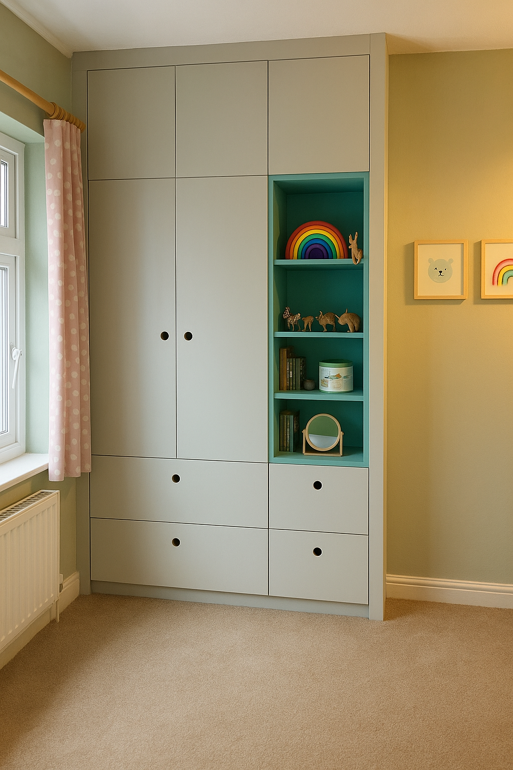 Bespoke fitted wardrobe with built-in drawers and open shelving in a Yorkshire child’s bedroom, featuring soft grey cabinetry and playful decor. Designed, made, and installed by JAX Bespoke, with 0% finance options available. Bespoke fitted wardrobe with built-in drawers and open shelving in a Yorkshire child’s bedroom, featuring soft grey cabinetry and playful decor. Designed, made, and installed by JAX Bespoke, with 0% finance options available.
