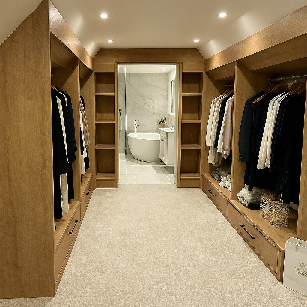 Luxury bespoke walk-in wardrobe with natural wood finish, integrated shelving, and hanging rails, leading into a modern ensuite bathroom. Designed and installed by JAX Bespoke in Yorkshire with 0% finance available. Luxury bespoke walk-in wardrobe with natural wood finish, integrated shelving, and hanging rails, leading into a modern ensuite bathroom. Designed and installed by JAX Bespoke in Yorkshire with 0% finance available.