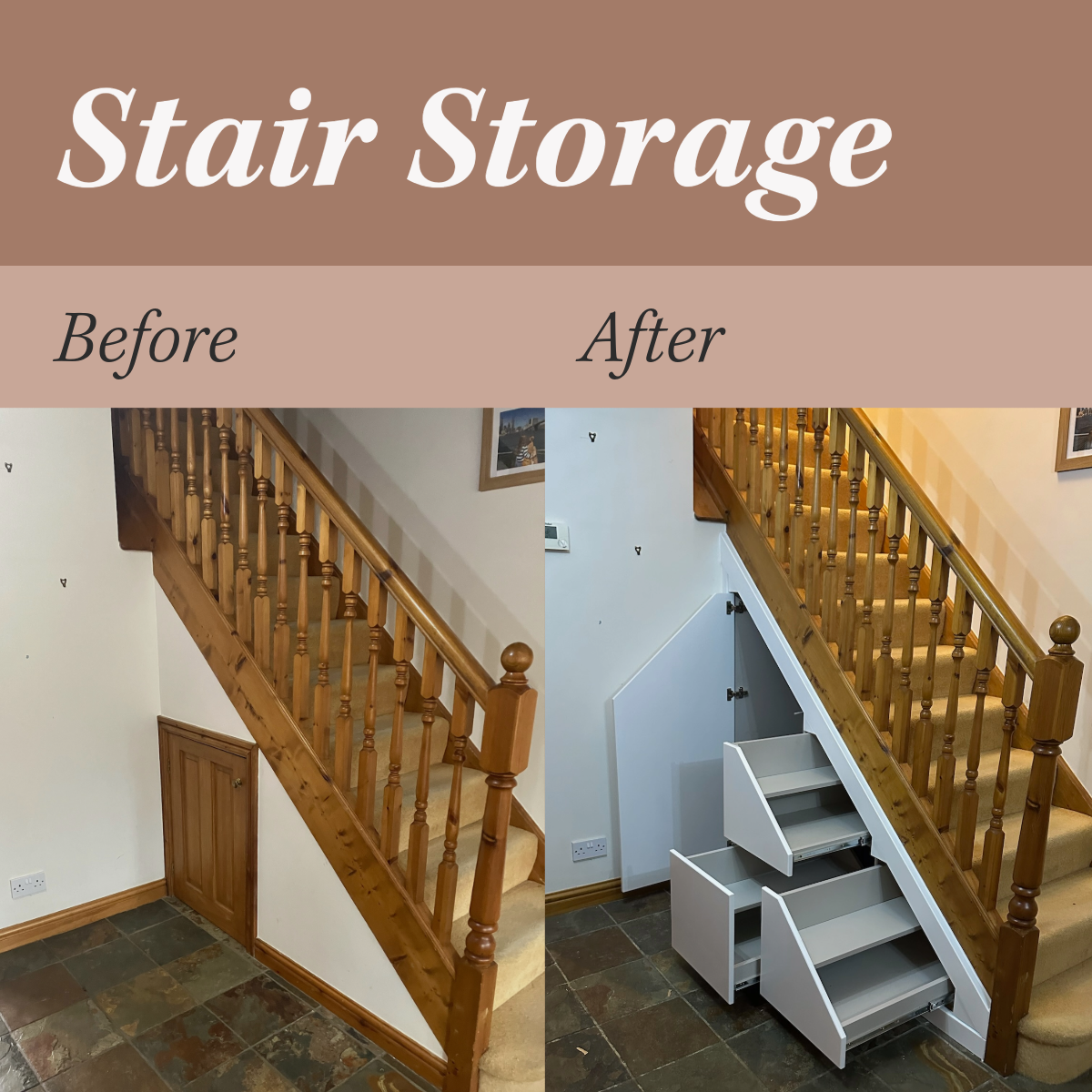 Before and after bespoke made to measure under stair storage - designed, manufactured and installed by JAX Bespoke in Wakefield, Yorkshire home Before and after bespoke made to measure under stair storage - designed, manufactured and installed by JAX Bespoke in Wakefield, Yorkshire home