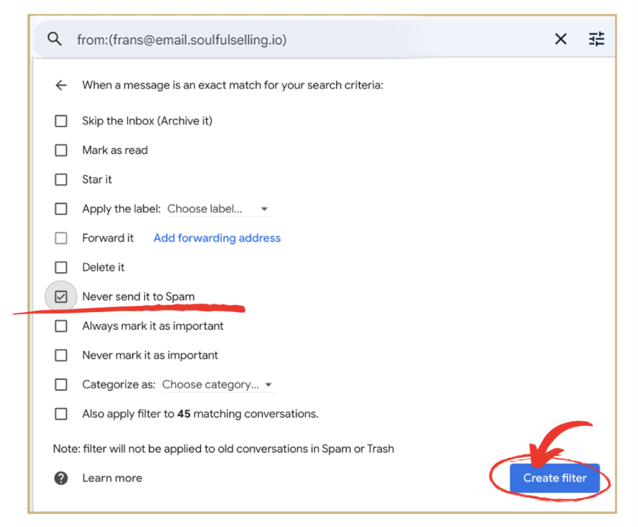 Gmail Filter Options - Never send to Spam