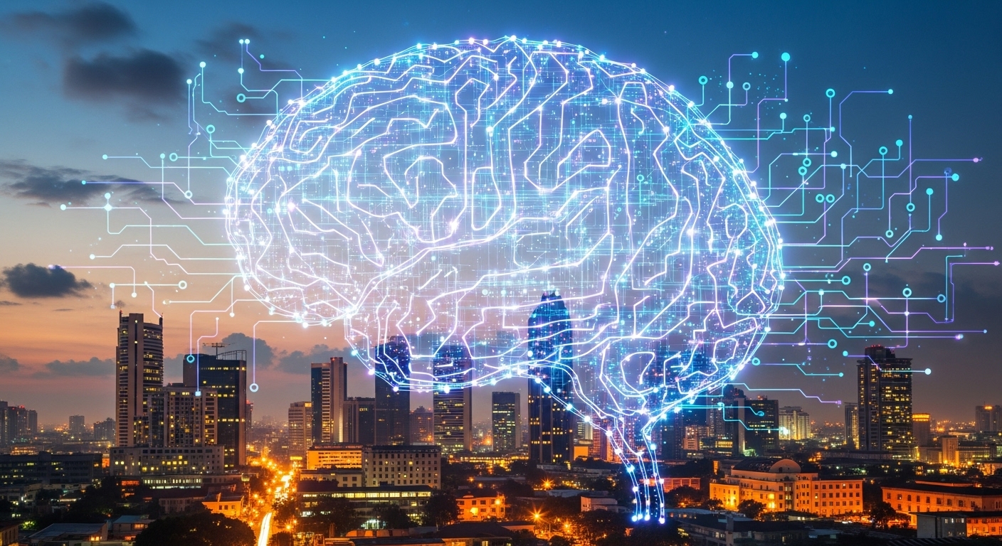 A laptop with an AI dashboard visual (graphs, chatbots, automation flows). A laptop with an AI dashboard visual (graphs, chatbots, automation flows).