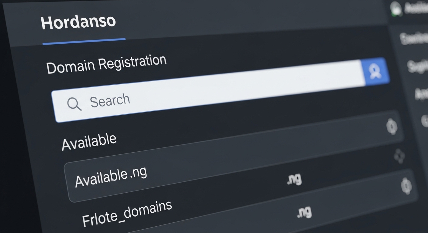 Close-up view of the Hordanso domain registration dashboard displaying a search bar with available .ng domains for easy website setup in Nigeria. Close-up view of the Hordanso domain registration dashboard displaying a search bar with available .ng domains for easy website setup in Nigeria.