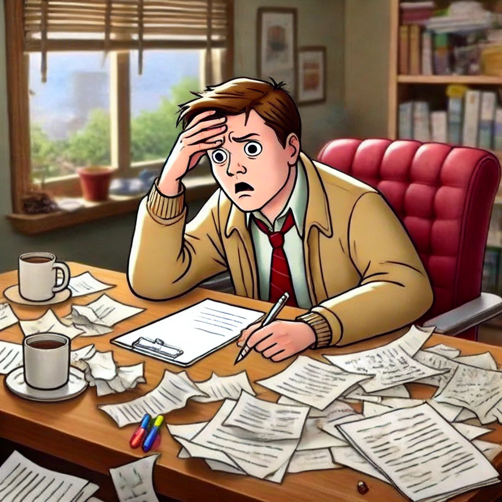 A person sitting at a desk in a home office, staring blankly at a piece of paper with a confused and frustrated expression. The desk is cluttered with a messy pile of papers, a cup of coffee, and scattered pens, representing the struggle of brainstorming. The person has their hand on their forehead, looking stuck and out of ideas.