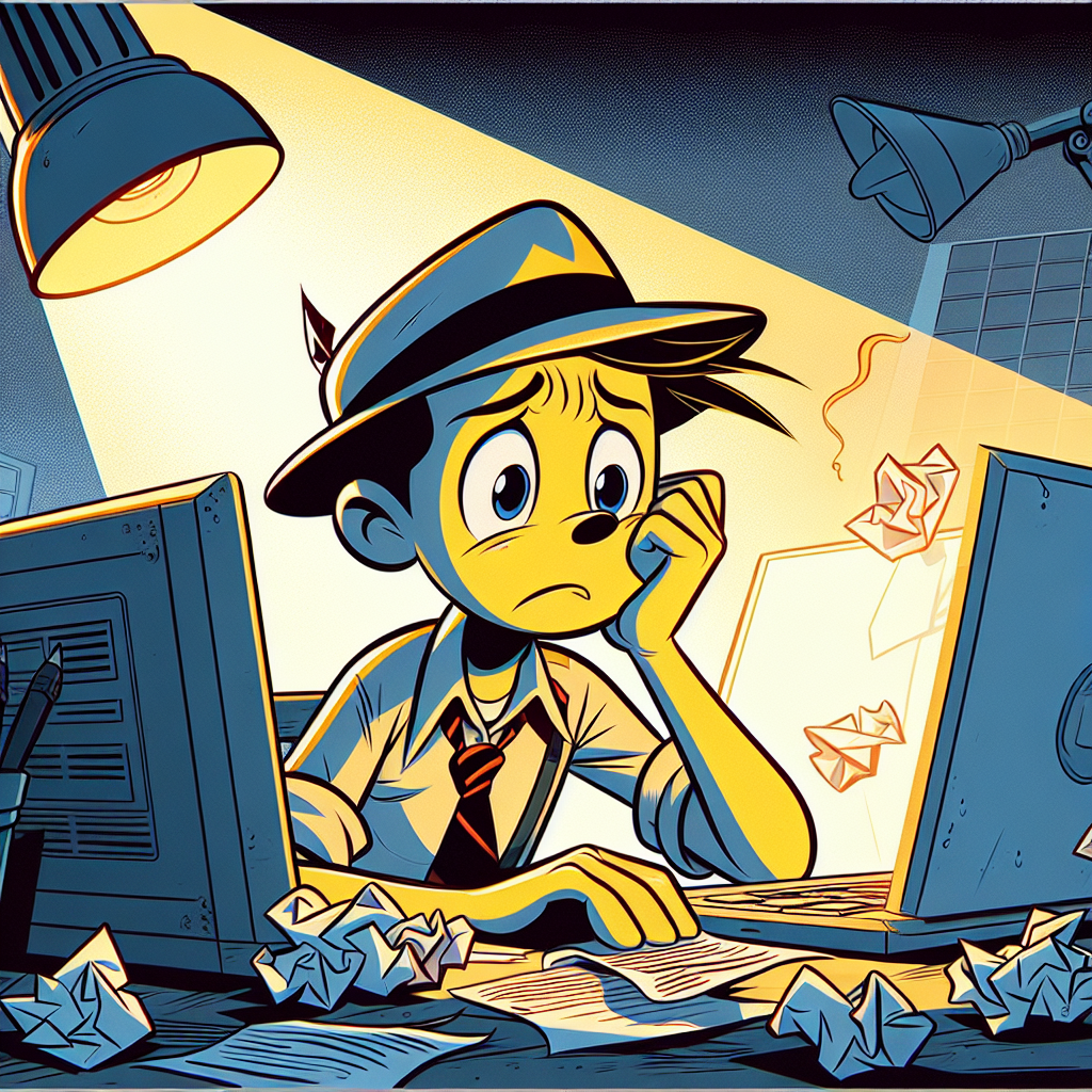 A person at a desk looking frustrated at a blank laptop screen, surrounded by crumpled paper. A person at a desk looking frustrated at a blank laptop screen, surrounded by crumpled paper.