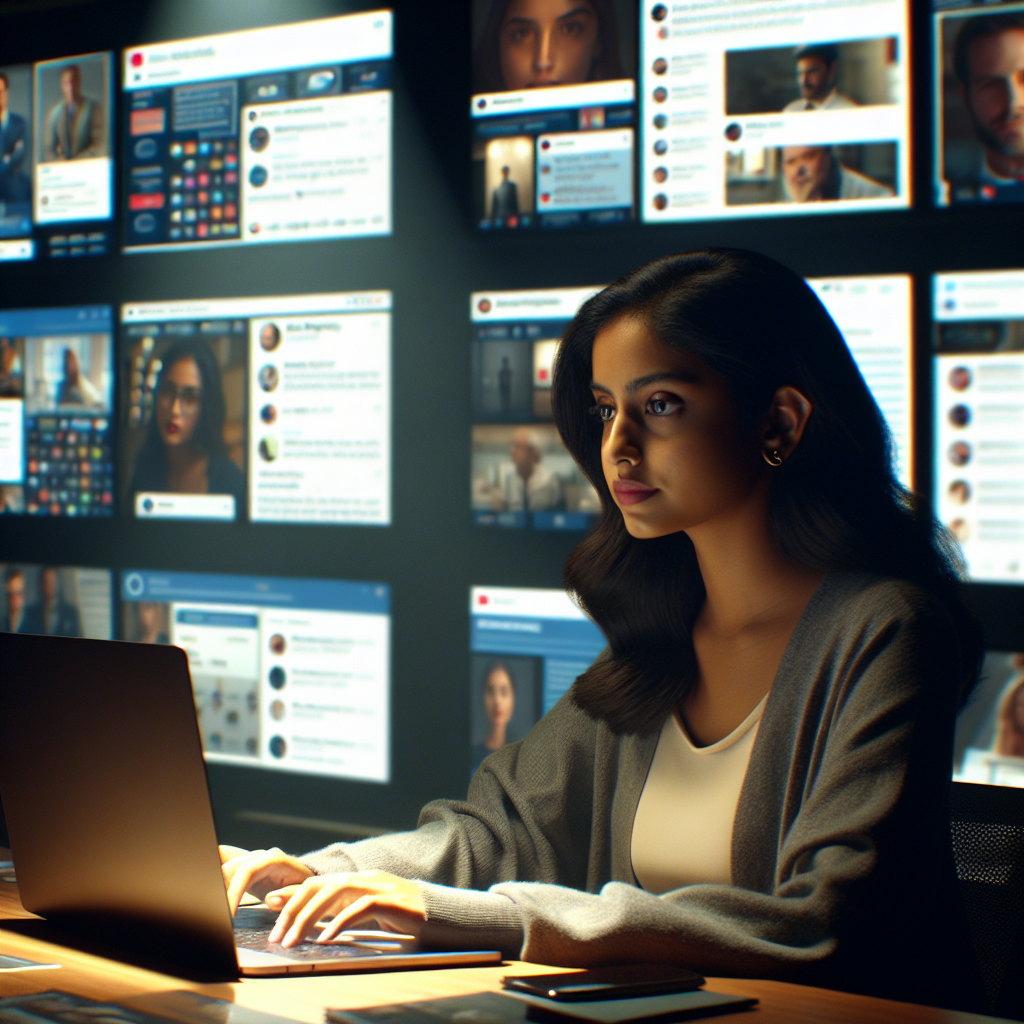A close-up of a young professional woman sitting at a desk, thoughtfully typing on a laptop. Behind her, multiple screens display social media feeds and emails from various brands. The woman’s expression is one of discernment, as if she is trying to figure out which brand resonates with her the most. The setting is modern and minimalistic, with subtle lighting highlighting her focus. The screens behind her should feature subtle differences in tone and color, representing brands with distinct voices versus generic ones. A close-up of a young professional woman sitting at a desk, thoughtfully typing on a laptop. Behind her, multiple screens display social media feeds and emails from various brands. The woman’s expression is one of discernment, as if she is trying to figure out which brand resonates with her the most. The setting is modern and minimalistic, with subtle lighting highlighting her focus. The screens behind her should feature subtle differences in tone and color, representing brands with distinct voices versus generic ones.