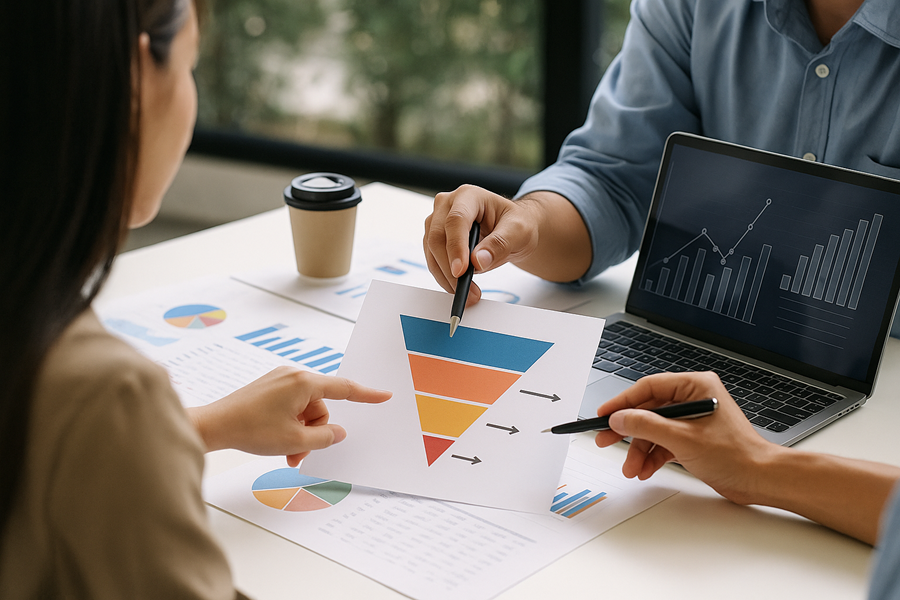 a man pointing to an upside down pyramid chart with a pen