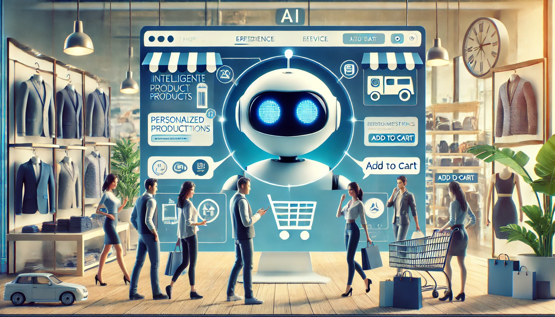  A bustling e-commerce website showcasing various products. In the center, an intelligent AI chatbot interacts with customers, guiding them through