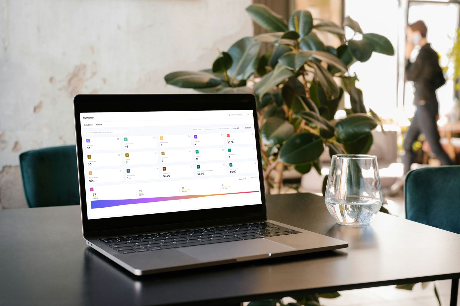 Laptop auf Schreibtisch zeigt Dashboard der KI-Sales-Automation-Software mit Performancemetriken und Statistiken