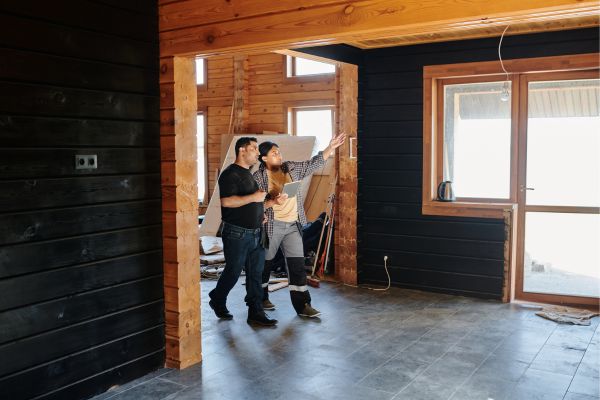 worker and contractor holding Ipad and pointing worker and contractor holding Ipad and pointing