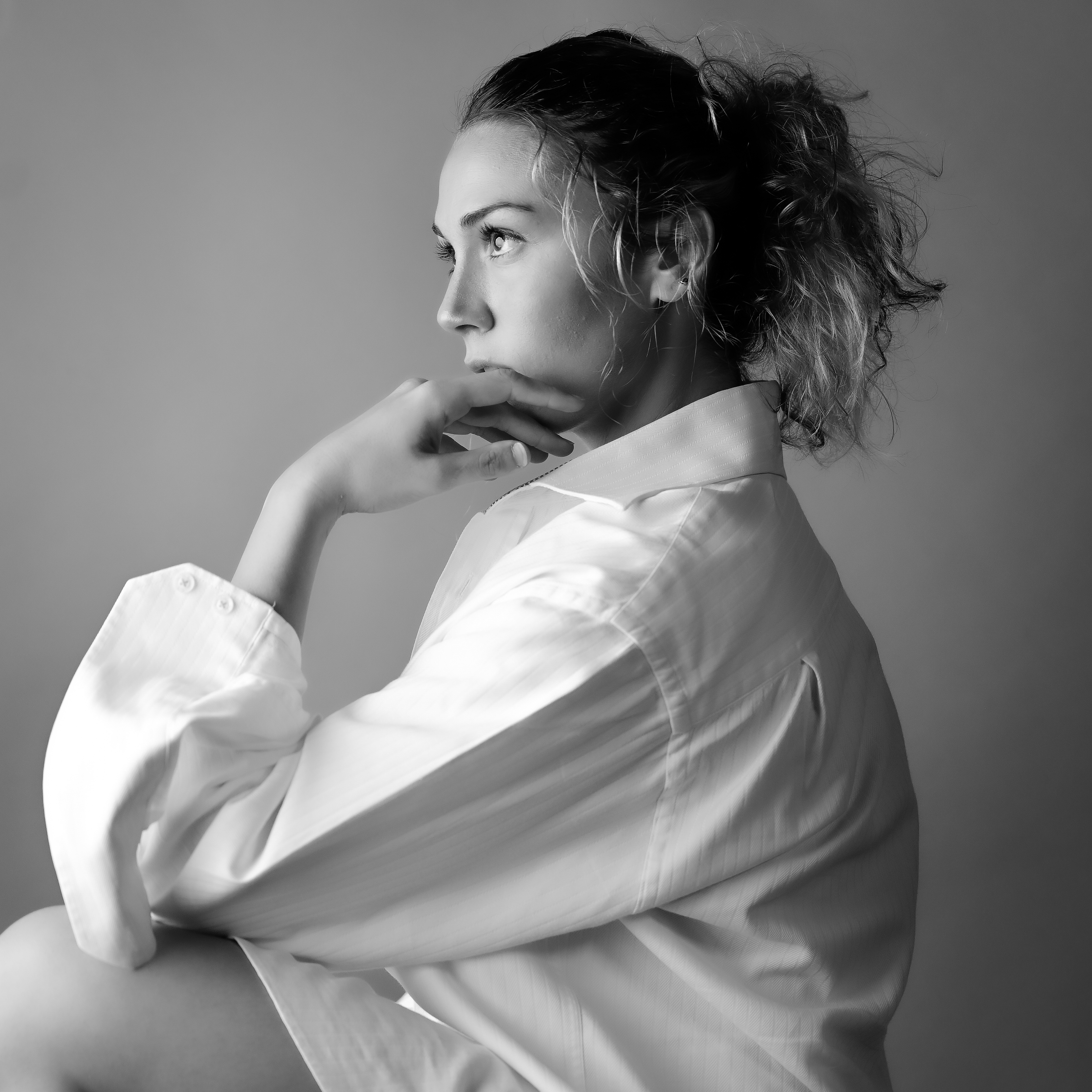 Edward Dose Photography Portrait of Young Woman in White Shirt B&W